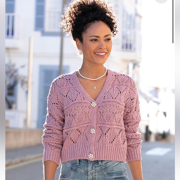 NWOT Lascana Pearl Button Crochet Cardigan Sweater in Mauve size 8-10 - Picture 4 of 13